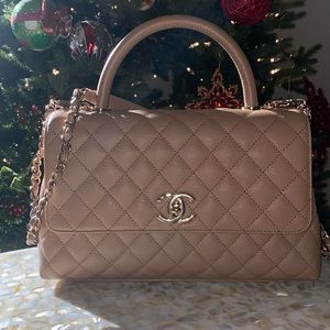CHANEL purchased 2022 large Flap bag with handle. Beige gold color very neutral